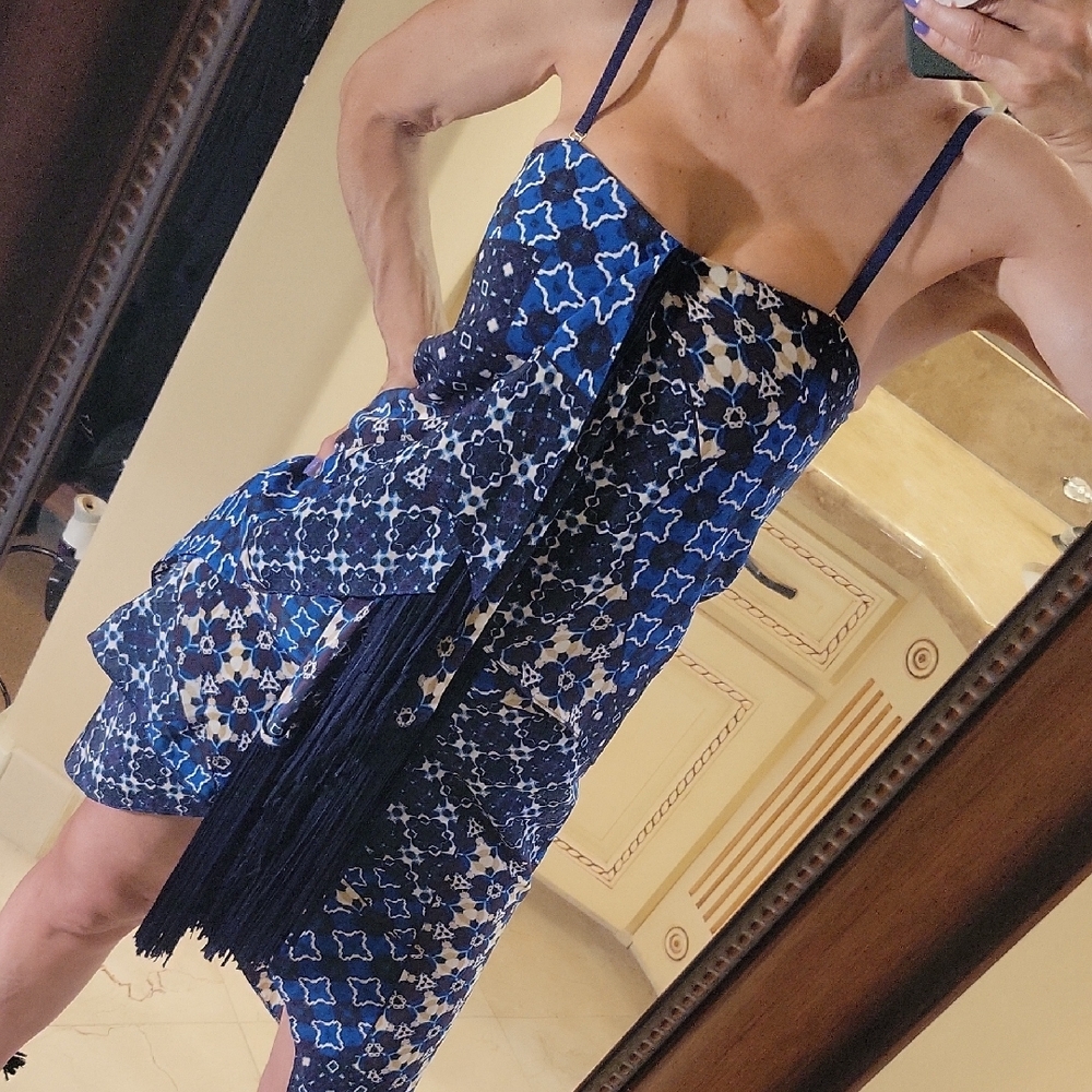 BCBGMaxAzria Blue 100% Silk Asymmetrical Dress w/ Front Fringed Sash. Sz 0